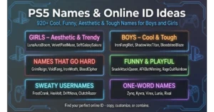 Hero image showing six categories of PS5 names and online ID ideas.