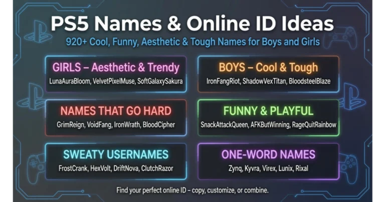 Hero image showing six categories of PS5 names and online ID ideas.