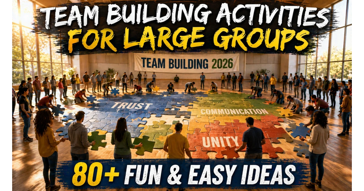 Large group of people assembling a giant floor puzzle with words Trust, Communication, Unity. Banner reads "Team Building 2026". Hero image for Team Building Activities for Large Groups article.