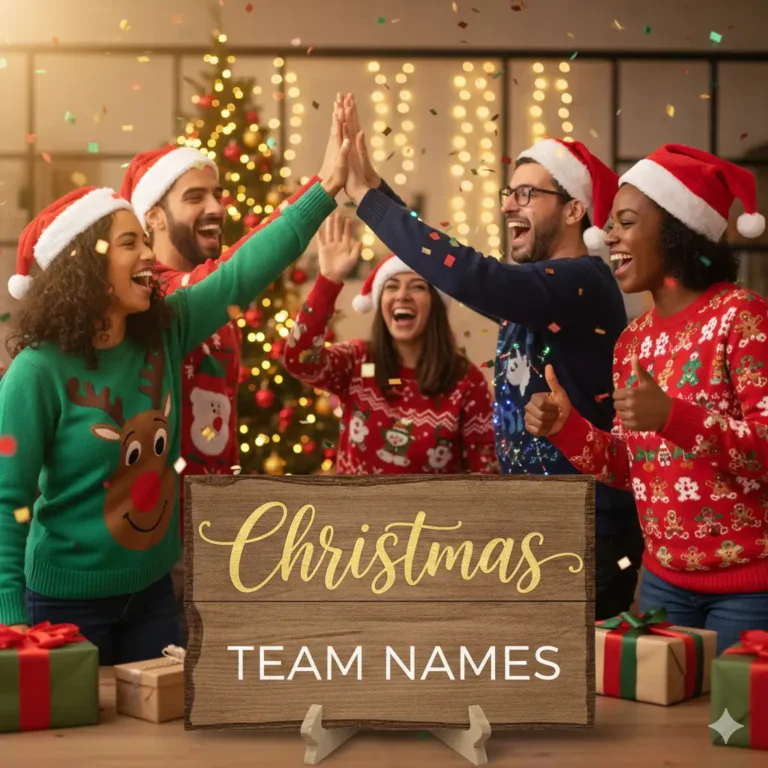 Cute & Joyful Christmas Team Names featured image showing festive holiday decorations and team spirit