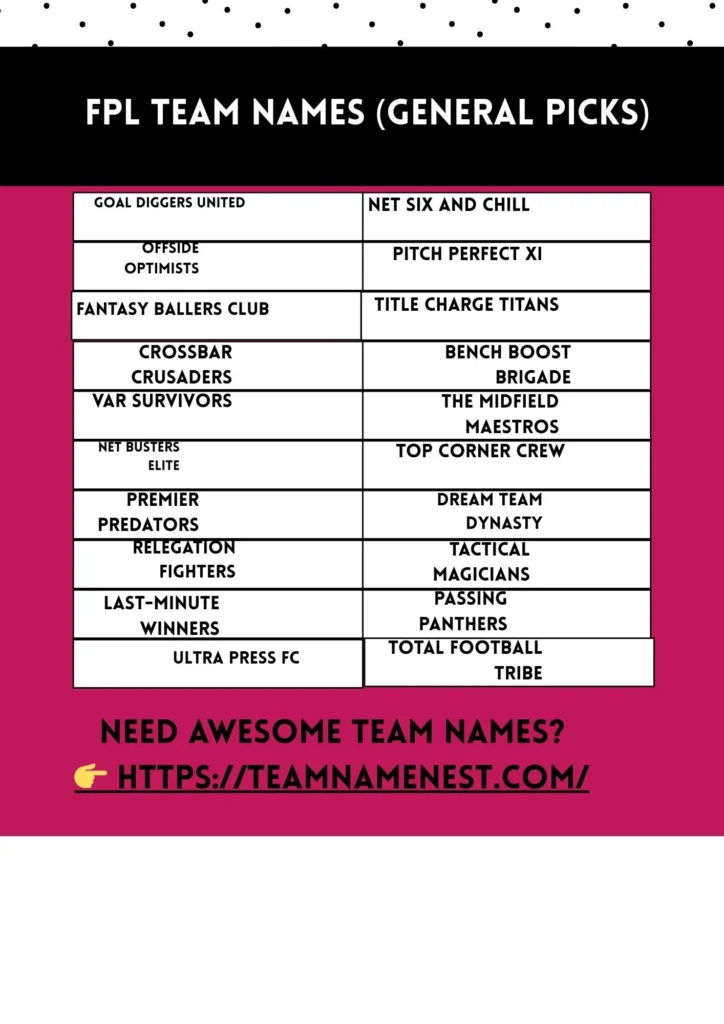 General FPL team names for fantasy football, including funny, clever, and competitive ideas.