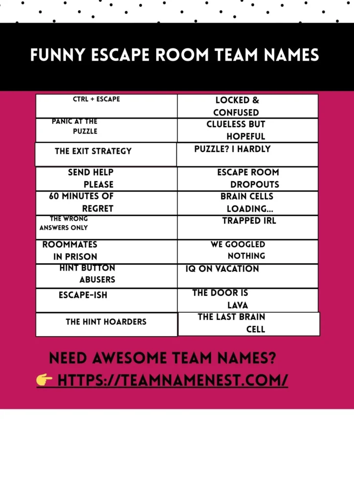 Funny escape room team names with playful, witty, and humorous vibes.