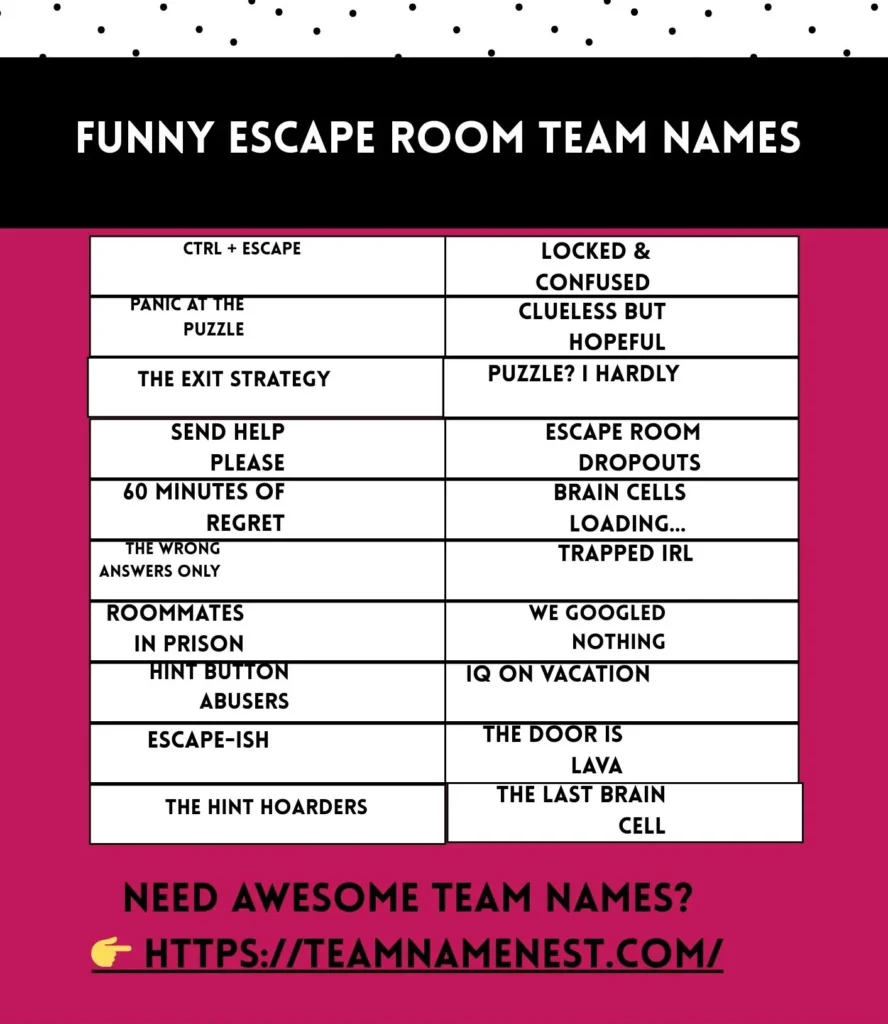 Funny escape room team names with playful, witty, and humorous vibes.