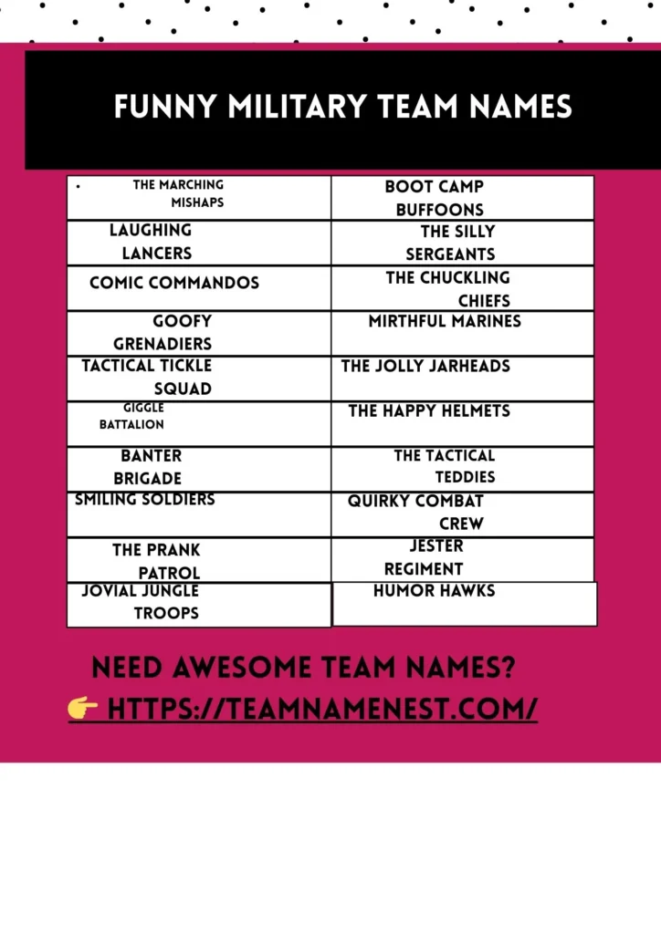 Funny military team names with humorous, witty, and playful army-inspired wordplay.