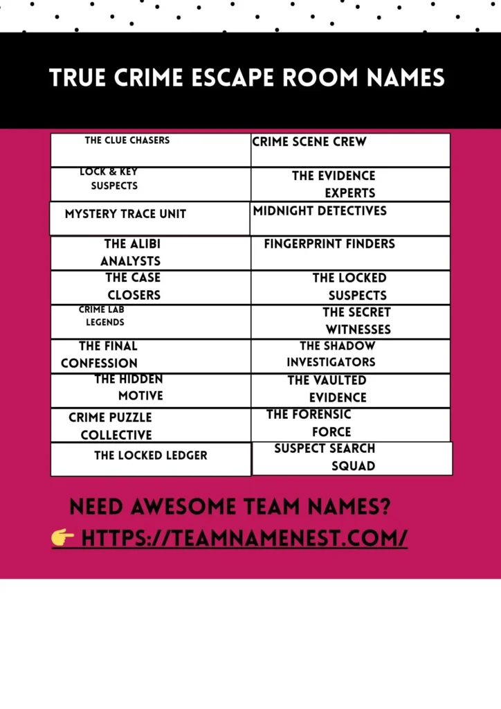 True crime escape room names inspired by detectives, investigations, and criminal mysteries.