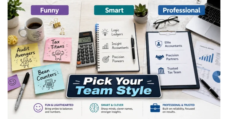 accounting team name styles showing funny, smart, and professional naming ideas on a modern office desk