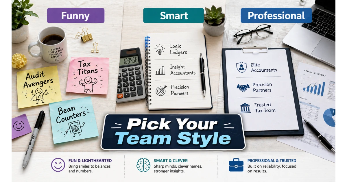 accounting team name styles showing funny, smart, and professional naming ideas on a modern office desk