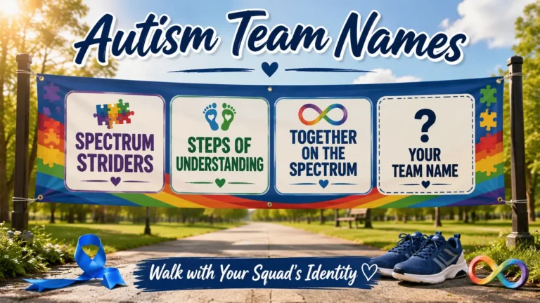 Autism walk banner with team names: Spectrum Striders, Steps of Understanding, Together on the Spectrum. Blank section "Your Team Name". Blue ribbon, sneakers, infinity symbol, park background. Hero image for autism team names article.