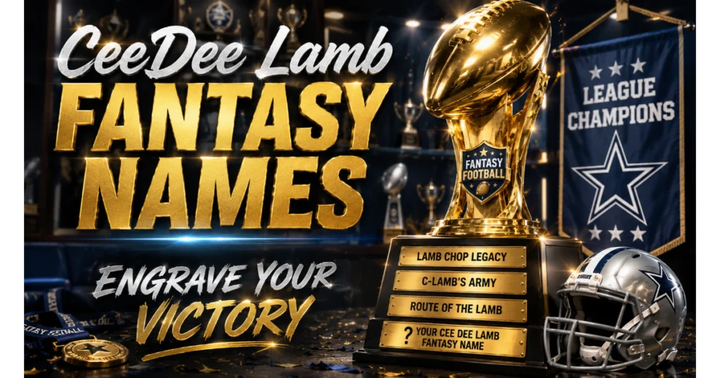 Golden fantasy football trophy with engraved CeeDee Lamb fantasy names: Lamb Chop Legacy, C-Lamb's Army, Route of the Lamb. Blank plate "Your CeeDee Lamb Fantasy Name". Helmet, banner, trophy case background. Hero image for CeeDee Lamb fantasy names.