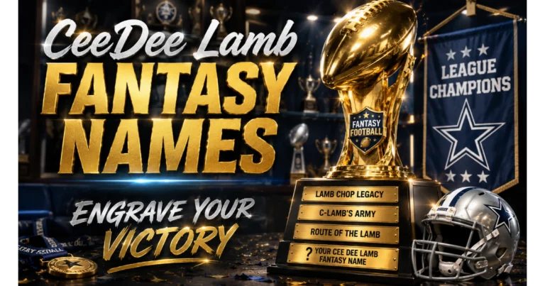 Golden fantasy football trophy with engraved CeeDee Lamb fantasy names: Lamb Chop Legacy, C-Lamb's Army, Route of the Lamb. Blank plate "Your CeeDee Lamb Fantasy Name". Helmet, banner, trophy case background. Hero image for CeeDee Lamb fantasy names.
