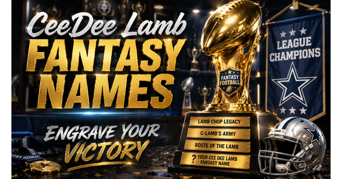 Golden fantasy football trophy with engraved CeeDee Lamb fantasy names: Lamb Chop Legacy, C-Lamb's Army, Route of the Lamb. Blank plate "Your CeeDee Lamb Fantasy Name". Helmet, banner, trophy case background. Hero image for CeeDee Lamb fantasy names.