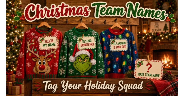 Christmas wreath with hanging gift tags: No-El Network, Claus and Effect, The Carol of Errors. Blank tag "Your Team Name". Wrapped presents, candlelight background. Hero image for Christmas team names.
