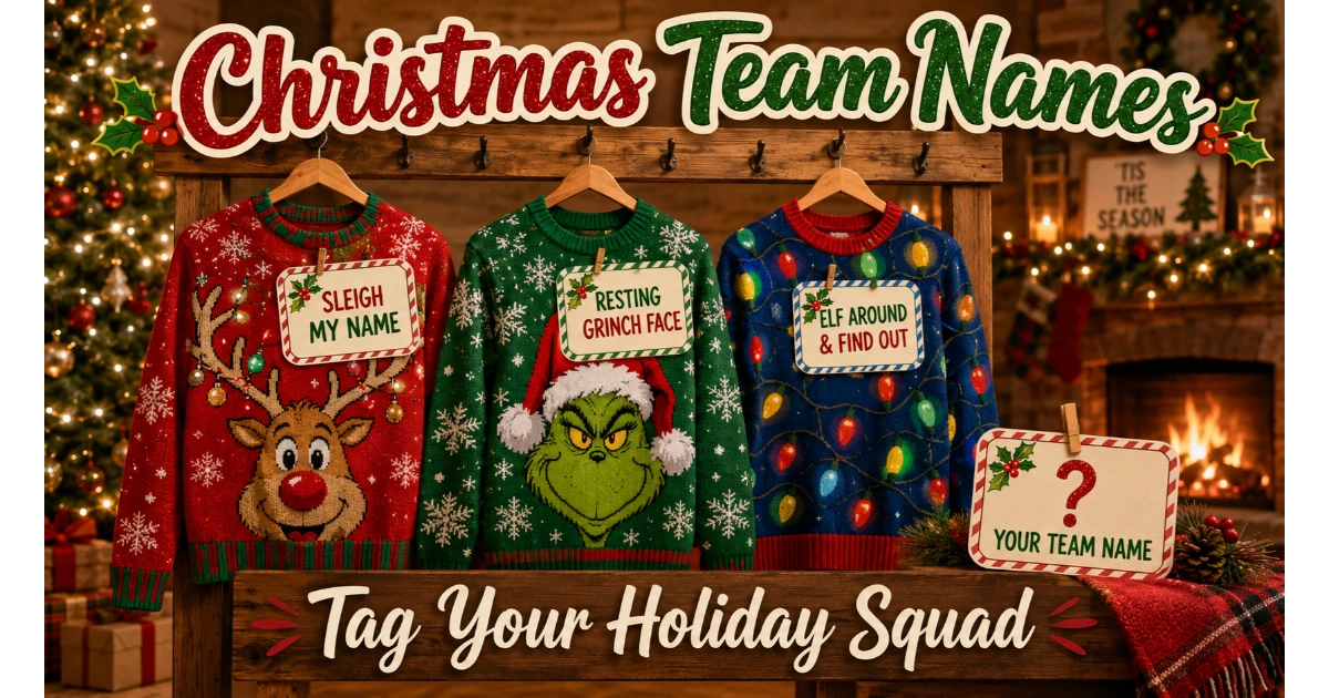 Christmas wreath with hanging gift tags: No-El Network, Claus and Effect, The Carol of Errors. Blank tag "Your Team Name". Wrapped presents, candlelight background. Hero image for Christmas team names.