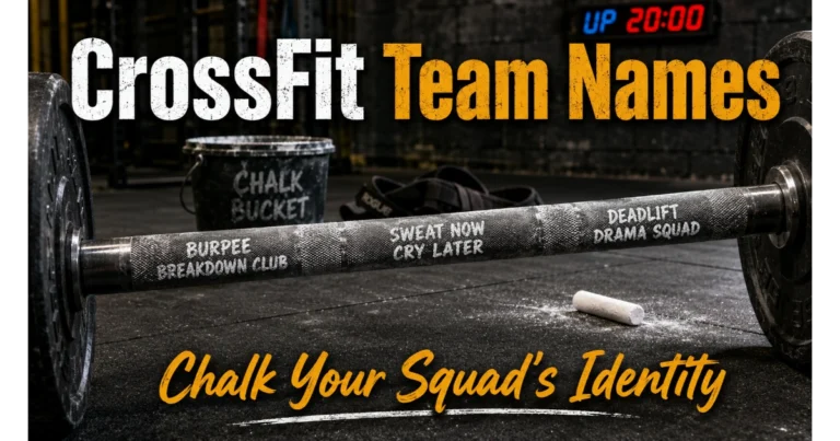 Close-up of a barbell with chalk-filled CrossFit team names: Burpee Breakdown Club (left), Sweat Now Cry Later (center), Deadlift Drama Squad (right). Loose chalk, chalk bucket, lifting straps, gym timer background. Hero image for CrossFit team names article.