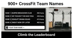 Gym leaderboard showing team rankings: 1st Burpee Breakdown Club (450 pts), 2nd We Thought This Was Yoga (428 pts), 3rd Deadlift Drama Squad (415 pts), 4th Sweat Now Cry Later (402 pts). Blank slot: "Your Team Name →". Pull-up rig, kettlebells, clock background.