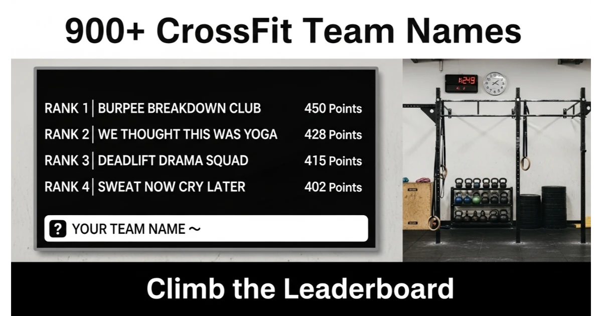 Gym leaderboard showing team rankings: 1st Burpee Breakdown Club (450 pts), 2nd We Thought This Was Yoga (428 pts), 3rd Deadlift Drama Squad (415 pts), 4th Sweat Now Cry Later (402 pts). Blank slot: "Your Team Name →". Pull-up rig, kettlebells, clock background.