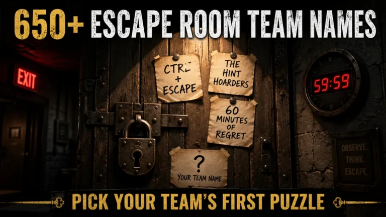 Wooden locked door with handwritten escape room team names: Ctrl + Escape, The Hint Hoarders, 60 Minutes of Regret. Blank sign "Your Team Name". Wall clock, red EXIT sign background. Hero image for escape room team names article.