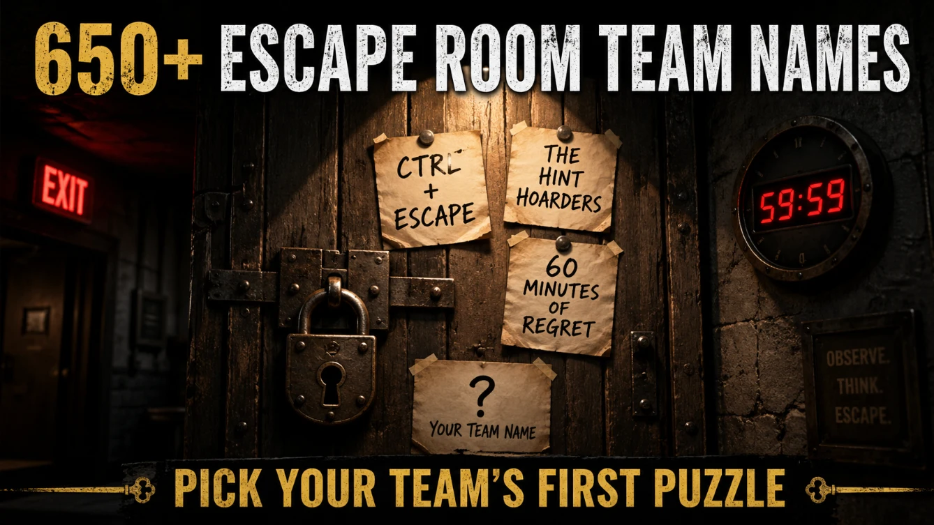 Wooden locked door with handwritten escape room team names: Ctrl + Escape, The Hint Hoarders, 60 Minutes of Regret. Blank sign "Your Team Name". Wall clock, red EXIT sign background. Hero image for escape room team names article.