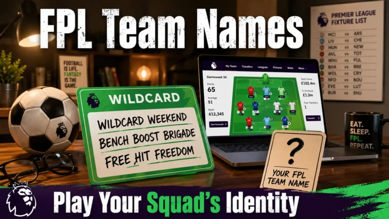 Wildcard chip card with FPL team names: Wildcard Weekend, Bench Boost Brigade, Free Hit Freedom. Blank card "Your FPL Team Name". Football, glasses, fixture list background. Hero image for FPL team names article.