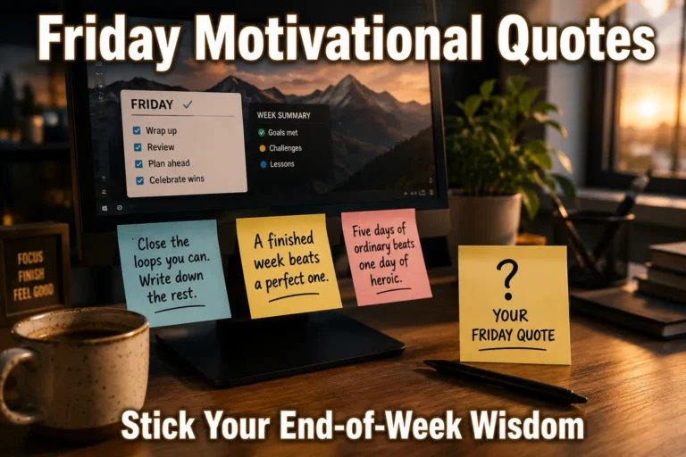 Monitor with sticky notes showing Friday motivational quotes: "A finished week beats a perfect one.", "Close the loops you can.", "Five days of ordinary beats one day of heroic." Blank sticky note "Your Friday Quote". Pen, coffee mug, home office background. Hero image for Friday motivational quotes article.