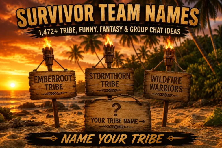 Three torches in sand with survivor team names signs: Emberroot Tribe, Stormthorn Tribe, Wildfire Warriors. Blank sign "Your Tribe Name →". Beach sunset, palm trees, ocean background. Hero image for survivor team names article.