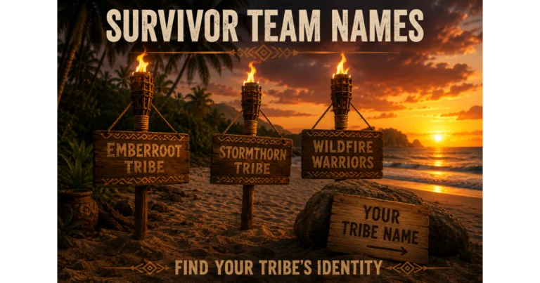 Three torches in sand with signs: Emberroot Tribe, Stormthorn Tribe, Wildfire Warriors. Blank sign "Your Tribe Name →". Beach sunset, palm trees, ocean background. Hero image for Survivor team names article.