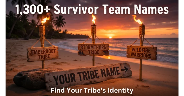Three torches in sand with signs: Emberroot Tribe, Stormthorn Tribe, Wildfire Warriors. Blank sign "Your Tribe Name →". Beach sunset, palm trees, ocean background. Hero image for Survivor team names article.