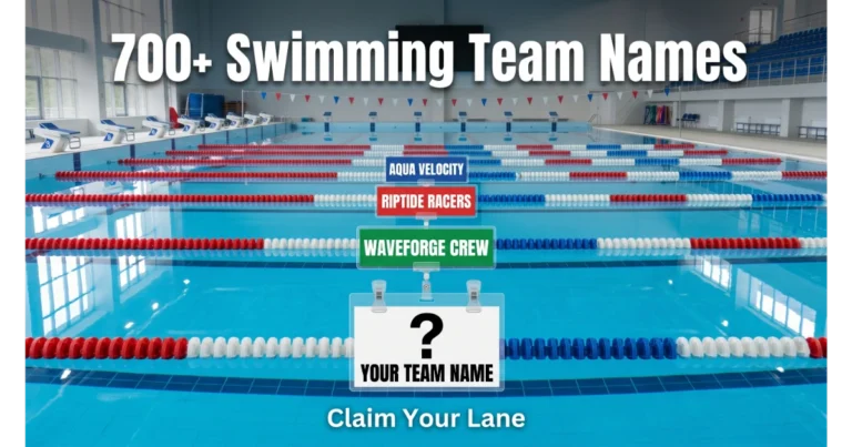 Swimming pool lane lines with waterproof name cards: Aqua Velocity, Riptide Racers, Waveforge Crew. Blank lane marker "Your Team Name". Starting blocks, flags, bleachers background. Hero image for swimming team names article.