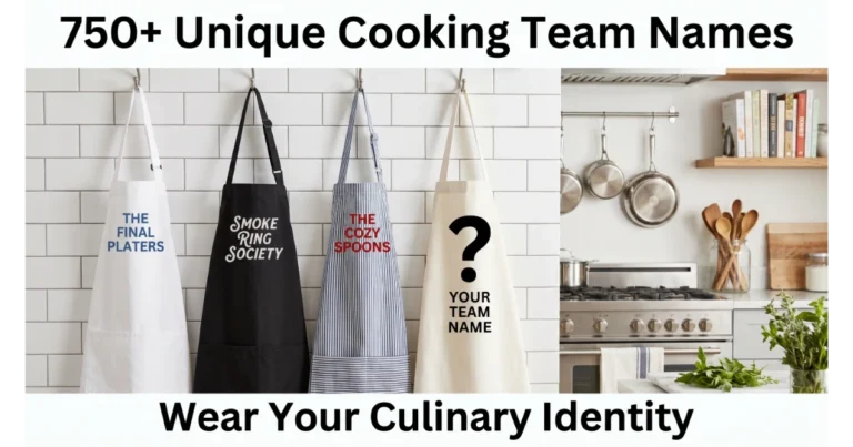 Three aprons hanging on hooks with cooking team names: The Final Platers, Smoke Ring Society, The Cozy Spoons. Blank apron "Your Team Name". Kitchen background with stove and utensils. Hero image for cooking team names.