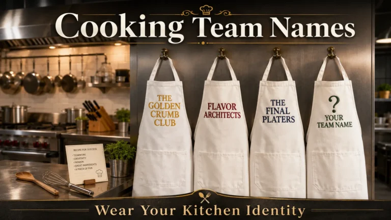 Three chef's aprons with embroidered cooking team names: The Golden Crumb Club, Flavor Architects, The Final Platers. Blank apron "Your Team Name". Wooden spoon, whisk, recipe card, commercial kitchen background. Hero image for cooking team names article.