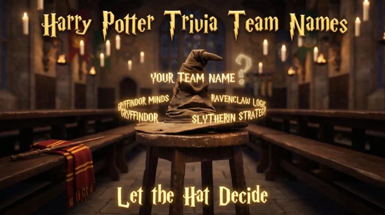 Sorting Hat with magically appearing Harry Potter trivia team names: Gryffindor Minds, Ravenclaw Logic, Slytherin Strategy. Blank space "Your Team Name". Wand, scarf, Great Hall background. Hero image for Harry Potter trivia team names article.