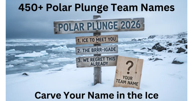 Frozen beach with wooden sign reading "Polar Plunge 2026" and three smaller boards with polar plunge team names: Ice to Meet You, The Brrr-igade, We Regret This Already. Blank board "Your Team Name". Icy water, snow-covered rocks background. Hero image for polar plunge team names article.