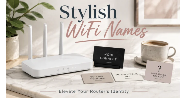 Sleek white router with name cards: Noir Connect, Velour Network, Monochrome Net. Blank card "Your Stylish WiFi Name". Plant, coffee cup background. Hero image for stylish WiFi names article.