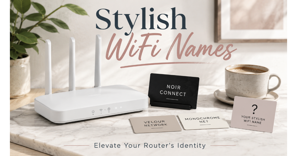 Sleek white router with name cards: Noir Connect, Velour Network, Monochrome Net. Blank card "Your Stylish WiFi Name". Plant, coffee cup background. Hero image for stylish WiFi names article.