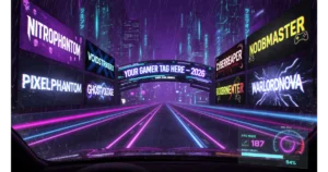 Cyberpunk highway scene with digital billboards displaying cool gamer tags.