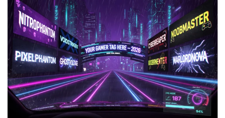 Cyberpunk highway scene with digital billboards displaying cool gamer tags.