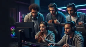 Best clan names featured image showing an esports team in a gaming setup