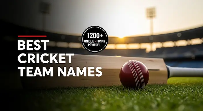 Best cricket team names: featured image with bat and ball on a cricket field