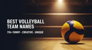 Best volleyball team names featured image with a volleyball and net on a court