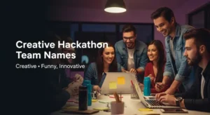 Hackathon team collaborating on laptops during a coding event