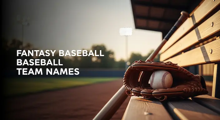 Fantasy baseball team names featured image with a glove and ball on a dugout bench