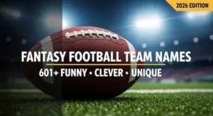 Fantasy football team names featured image with a football on turf and stadium lights
