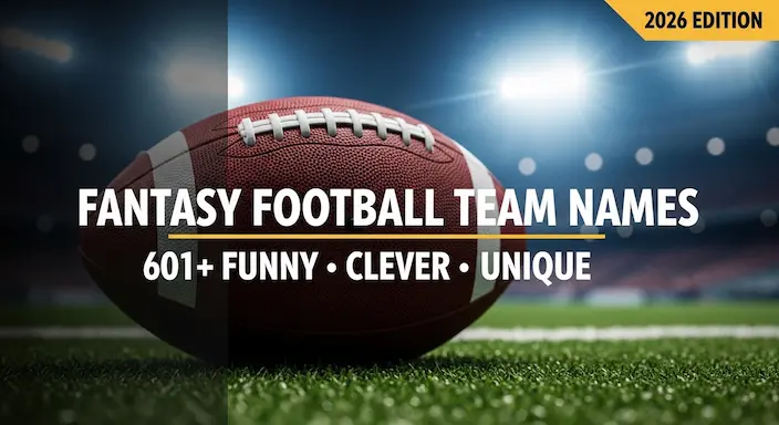 Fantasy football team names featured image with a football on turf and stadium lights