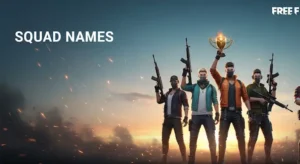 Free Fire squad names banner showing a battle royale team victory scene