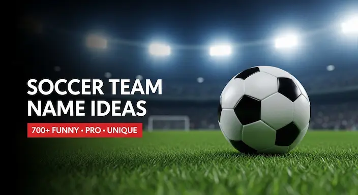 Soccer team name ideas featured image with a ball on a field under stadium lights