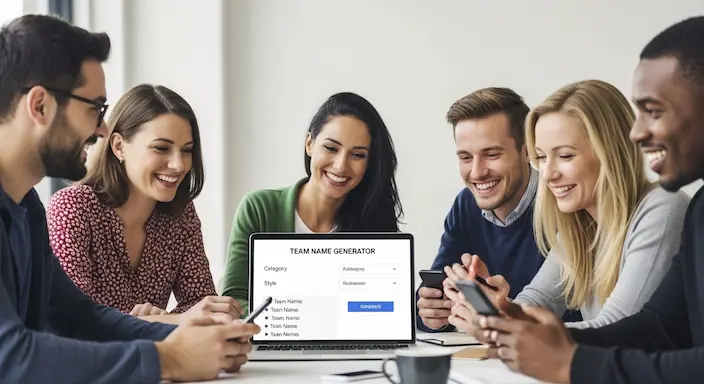 Coworkers sitting around to choose a team name using the team name generator tool.