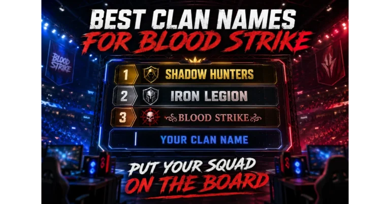 Esports leaderboard showing ranked clan names: Shadow Hunters, Iron Legion, ꧁Blood Strike꧂. Blank slot "Your Clan Name". Stadium seating and gaming PCs background. Hero image for Blood Strike clan names and esports clan names.