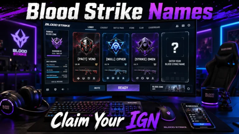 Gaming setup with monitor showing Blood Strike names: [PACT] VENO, [NULL] CIPHER, [STRIKE] OMEN. Blank slot "Enter Your Blood Strike Name". Keyboard, mouse, headset, gaming room background. Hero image for Blood Strike names article.