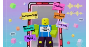 Mirror reflection of a Roblox-style avatar with a blank name tag reading "Your Username Here". Surrounding sticky notes show example usernames: VexPixel, OofMaster3000, NyxZ, ShadowVex, PotatoBloxKing, LunarKade. Neon border and Roblox skybox background.