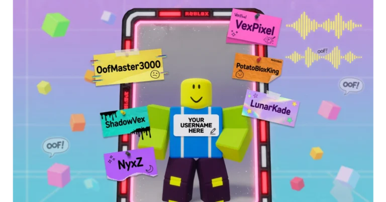 Mirror reflection of a Roblox-style avatar with a blank name tag reading "Your Username Here". Surrounding sticky notes show example usernames: VexPixel, OofMaster3000, NyxZ, ShadowVex, PotatoBloxKing, LunarKade. Neon border and Roblox skybox background.